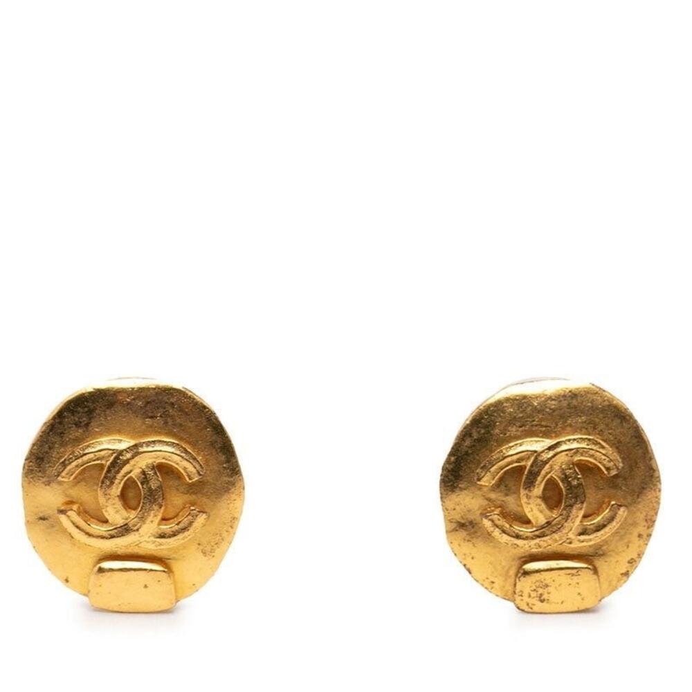 Chanel CC Logo Vintage Round Earrings 98P Engraved Gold Plated